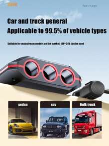 1pc 3-In-1 Car Charger With 4 USB Ports, Car Cigarette Lighter Adapter With Voltage Display And Switch - Black - View 8