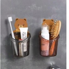 1pc Cartoon Bear Bathroom Organizer Rack, No-Drill Toothbrush Toothpaste Holder Wall Shelf