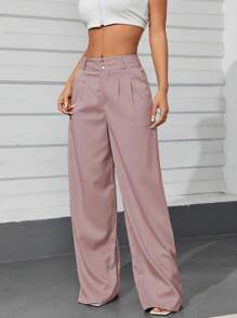Women's Casual High Waist Wide Leg Pants With Pockets - Pink - View 4