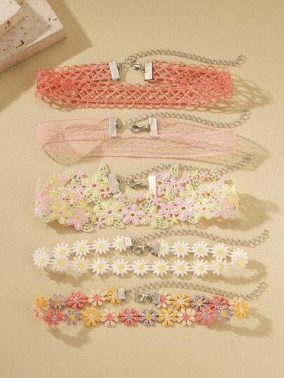 5 件彩色雏菊项圈套装 - 手工钩针花朵项圈 - 女士 Y2K 珠宝礼物，适合青少年女孩