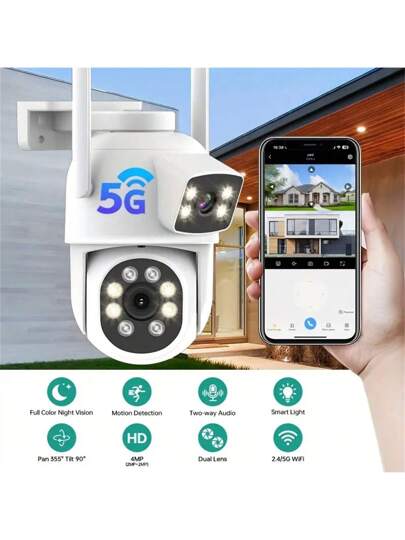 1pc 5G WIFI ,2MP+2MP Dual Len Wireless Outdoor Security Camera,Smart PTZ Home Surveillance Cameras 2.4/5Ghz Wifi,Indoor CCTV IP Cameras,Auto Tracking,Alarm Night Vision, Pan Tilt Rotation, Video Network Camera System Supports Two Way Audio