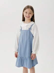 MARC&JANIE 年轻女孩甜美文艺蝴蝶结牛仔背带连衣裙，春夏