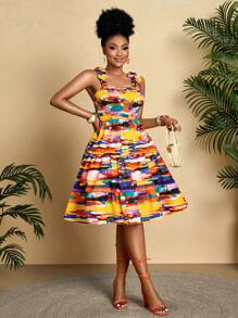 BIUBIU 女士大码春夏花卉印花修身露背度假连衣裙，花朵绽放展现优雅身材，女士夏季服装，优雅休闲关键单品 - 彩色 - 查看 5