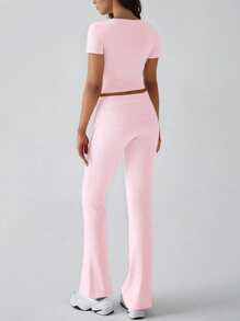 Women's Two-Piece Sports Casual Solid Color Sexy Slim Square Collar Short-Sleeved Top Micro-Cropped Pants Suit