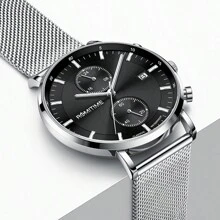 GUANQIN 1 pieza Reloj luminoso impermeable con cronógrafo, calendario, esfera, resistente al desgaste, correa de malla de acero inoxidable milanesa, moda negocios, lujoso, deportivo, clásico, sencillo, casual, estilo mecánico, hombres, automático, de cuarzo, adecuado para el Día de San Valentín, festivales, citas, negocios, regalos
