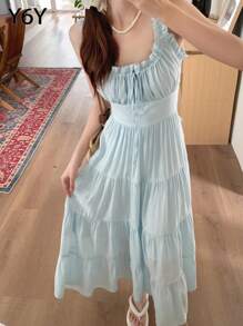 [Y6Y] Women's Elegant Backless Tie Strap Dress | Pair With Cardigan For Autumn, Waist-Cinching Soft Flowing Dress