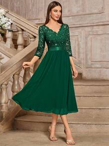 MIUSOL Elegant V-Neck Sequin Floral Lace Ruched Chiffon 3/4 Sleeve Evening Party Long Dress,For Wedding Guest,Graduation,Dinner - Dark Green - View 6