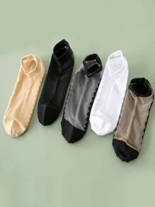 5 双女士夏季纯色透明水晶丝袜带蕾丝花边，透气短袜适合春季、夏季、日常、休闲、运动 - 彩色 - 查看 3
