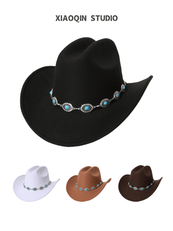 1pc Women's Woolen Felt Hat With Rhinestone Chain Decoration, Unisex Western Cowboy Hat For Autumn/Spring, Fashion & Versatile For Everyday Wear, Traveling