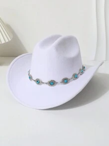 1pc Women's Woolen Felt Hat With Rhinestone Chain Decoration, Unisex Western Cowboy Hat For Autumn/Spring, Fashion & Versatile For Everyday Wear, Traveling