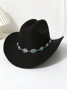 1pc Women's Woolen Felt Hat With Rhinestone Chain Decoration, Unisex Western Cowboy Hat For Autumn/Spring, Fashion & Versatile For Everyday Wear, Traveling