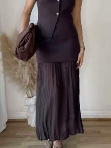 Women Elegant Splicing High Waist Zipper Ankle-Length Skirts Fashion Zipper Elastic Waist Pleated Long Skirts