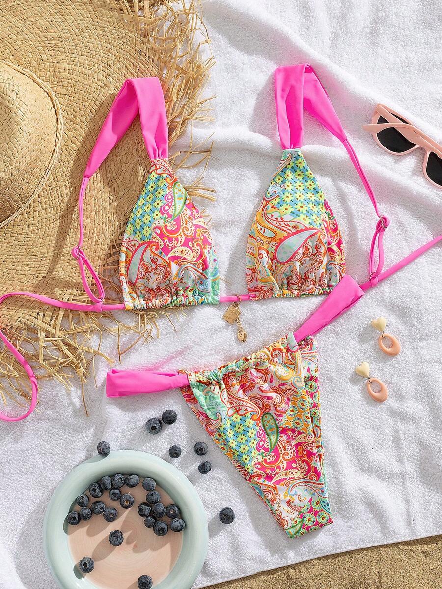 PEPPERMOLLY New Soft Tie-Front Adjustable Strap Printed Elegant Party Bikini Set, Women Fashion Beach Swimwear For Summer - Hot Pink - View 1