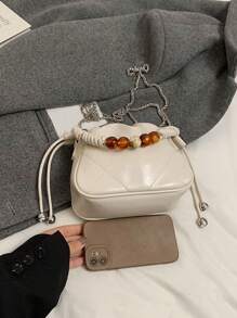 Mini Drawstring Bead Handbag, Fashionable Diamond Grid Quilted Chain Crossbody Bag For Women - Beige - View 4