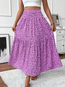 Women's Maxi Skirt Tiny Floral Casual Elastic Waist With Pockets Ruffled Hem Ladies Summer A-Line Long Skirts - Purple - View 3