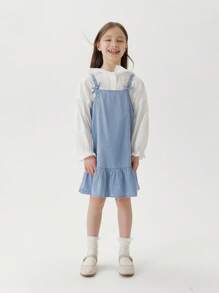 MARC&JANIE 年轻女孩甜美文艺蝴蝶结牛仔背带连衣裙，春夏