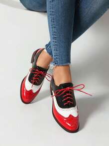 Women's Pointed Toe Lace-Up Brogue Pumps Fashion Mixed Colors Patchwork Block Chunky Heel British Style Flat Oxford Shoes - 紅色 - 查看 3