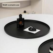 1pc Minimalist Metal Decorative Tray, Round Black Color, Suitable For Potted Plants, Candles, Cosmetics Storage, Desktop Organization