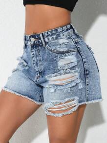 Icon Women's Street-Style Distressed Denim Shorts - Blue - View 1
