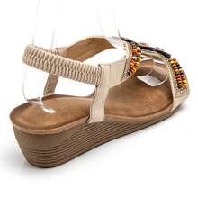 Summer Fashion Crystal & Pearl Decor Wedge Heel Thong Sandals - Krem - View 4