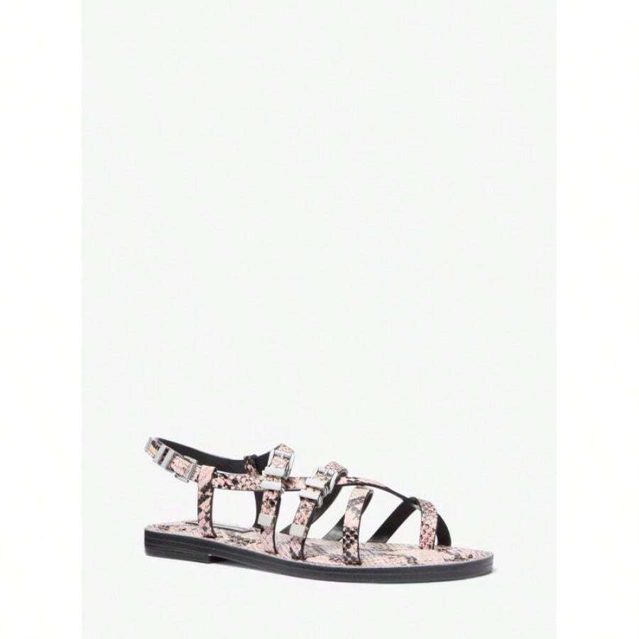 Michael Kors Darrington Snake Embossed Leather Sandal | Fall Fashion | Women Flat Sandals - Hoa hồng khói - Xem 1