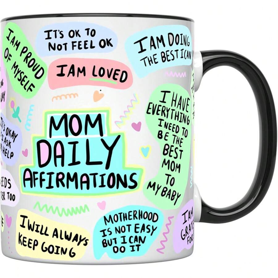 Mom Mug Daily Affirmations Mom Mug For Women, 11 Ounces, Self Care Mom Coffee Mug, Postpartum Mom Cup, New Mom After Birth Coffee Mug, Mental Health Cup, Relaxation Mug - 黑色手柄 - 查看 1