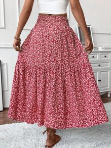 女士长款碎花半身裙，休闲松紧腰带，带口袋，荷叶边裙摆，A字裙摆，夏季百搭