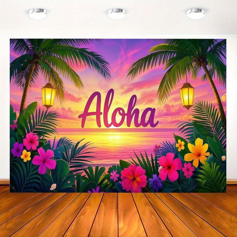 2D 门横幅,1 件夏威夷主题派对横幅,波西米亚风格热带日落“Aloha”口号设计,配以生机勃勃的棕榈树、芙蓉花和灯笼,室内墙面装饰,照片背景,多功能房间装饰,无需电源,非常适合夏季派对、海滩活动和节日派对,夏威夷派对装饰 - 彩色 - 查看 1