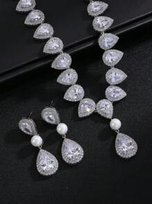 1 Set Of 3pcs Luxury Elegant Cubic Zirconia Necklace & Earrings Set, Bridal Wedding Party Dress Faux Pearl Jewelry Gift, Teardrop Decor For Women's Festive Wear