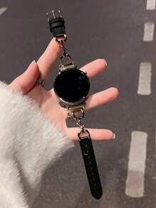 18mm/20mm/22mm 优质新月扣真皮表带，长度可调，兼容 Galaxy、Garmin、Amazfit 手表，柔软透气 - 黑金 - 查看 12