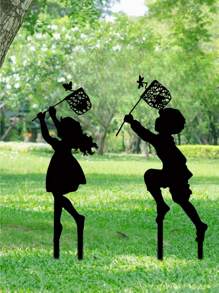 CIF BUY 1 件高品质铁黑色金属男孩女孩捕捉蝴蝶花园装饰地板塞，户外可作为个性化礼物丰富花园庭院 - 黑色 - 查看 3