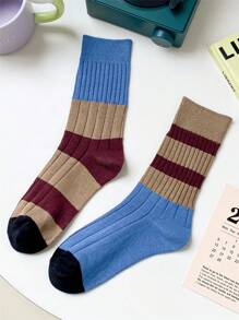 1双女士条纹印花时尚中筒袜，适合日常生活、秋季穿着 - 綠色 - 查看 6