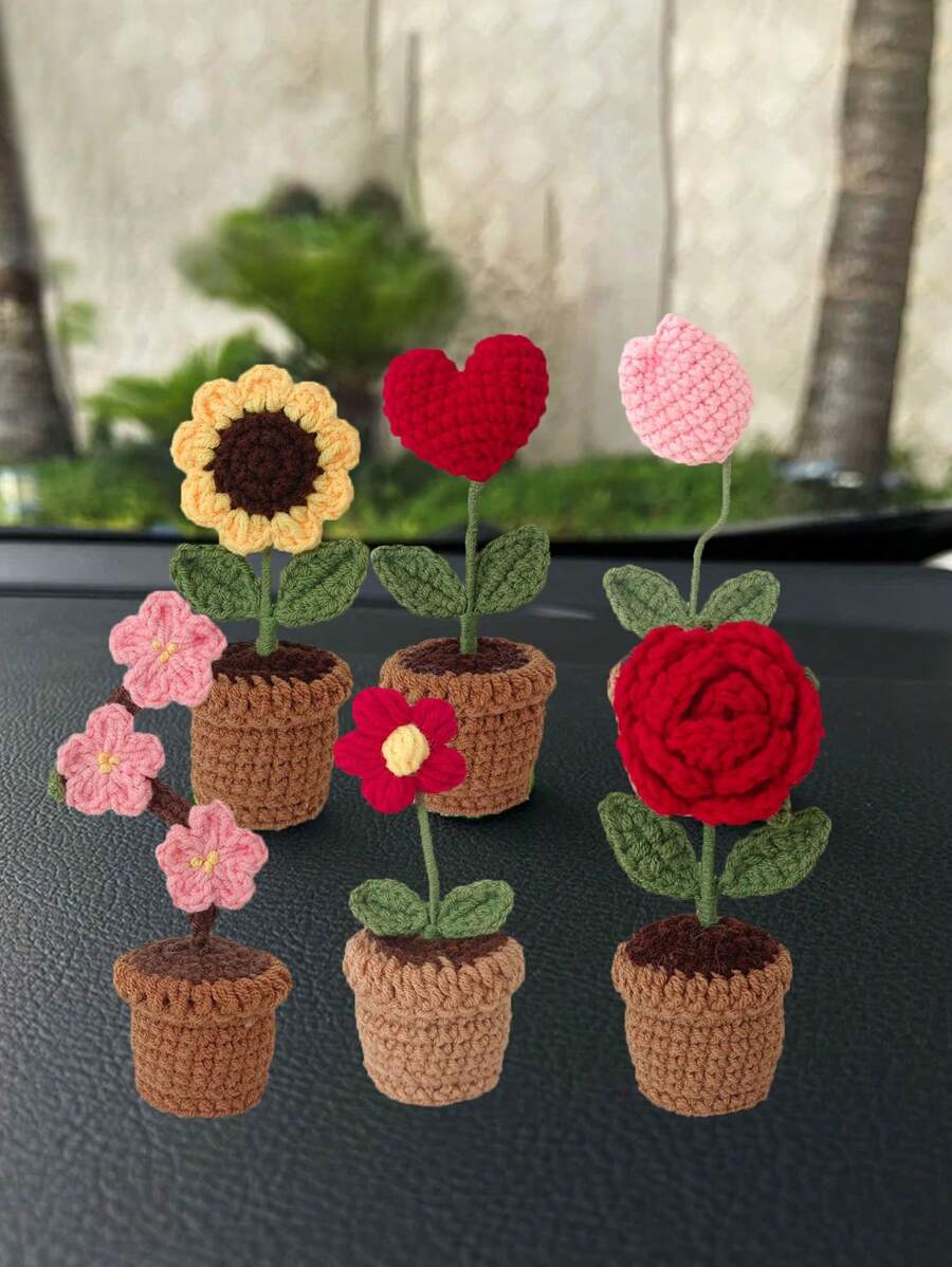 1 件手工编织汽车花盆带人造花装饰，创意礼品饰品，可爱汽车配件 - 彩色 - 查看 1