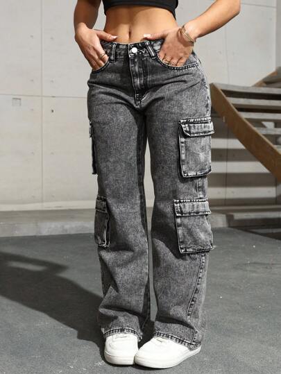 Flap Pocket Side Cargo Denim Jeans Simple Fashionable Daily Casual
