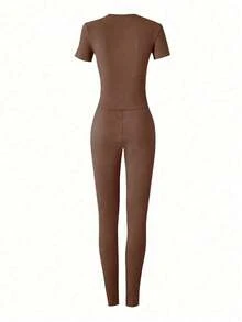 Slim Fit Short Sleeve Top And High Waist Skinny Pants Two Pieces Casual Outfit