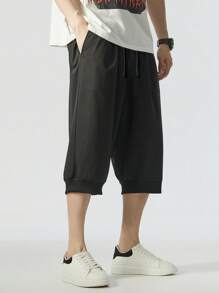 Plus Size Men 3/4 Relaxed Casual Sweatpants, Simple And Fashion, Suitable For Daily Wear In Summer - Black - View 3