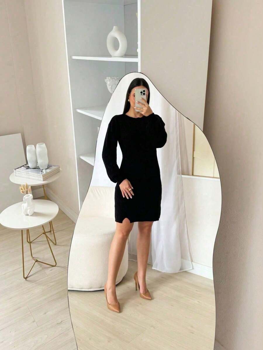 TRICOT Mousse Dress With Side Slits - Black - View 1
