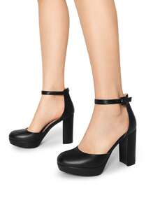 Women's Platform High Chunky Heels Pumps Closed Toe Block Ankle Strap Solid Color Comfortable Fashionable Bridal Party Wedding Dress Shoes - 黑PU - 查看 9