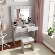White Dressing Table Set With LED Lights Mirror, Vanity Makeup Table 2 Large Drawers And Stool - Light Grey - View 5