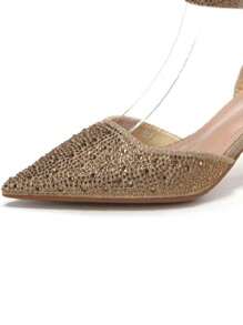 Tacones altos de moda con punta puntiaguda y decoración de rhinestones - Dorado - Ver 2