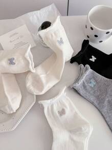 4pcs/Set Women's Nylon Spring/Summer Rolled Edge Cute Bow Embroidery Mid-Calf Socks, Soft Warm Breathable Moisture Wicking, Suitable For Home, Sports, Party, Holiday Gifts