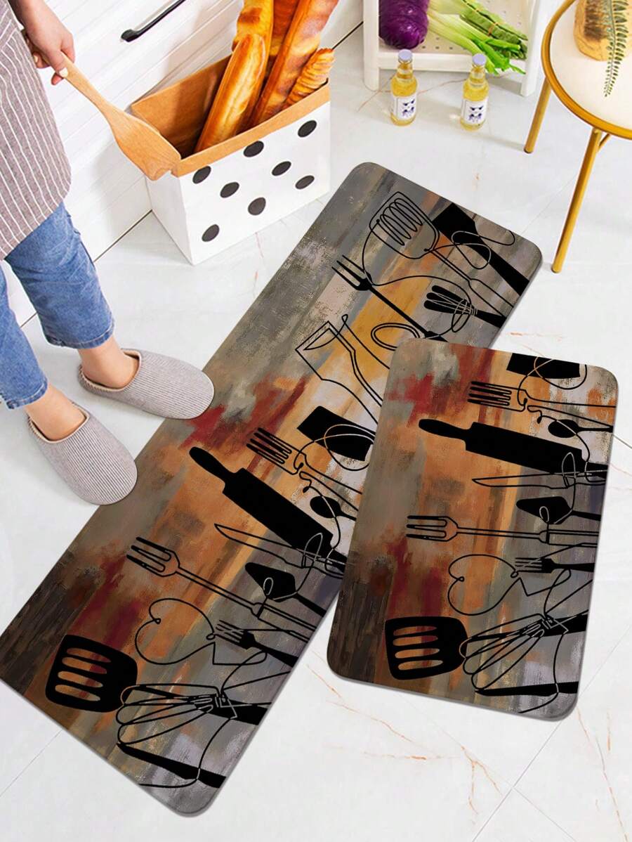 1 Felpudo de estilo de pintura al óleo con patrón de utensilios de cocina, de terciopelo de cristal suave antideslizante y absorbente, apto para cocina, comedor y sala de estar