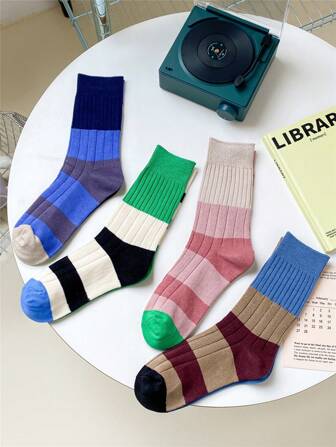 1双女士条纹印花时尚中筒袜，适合日常生活、秋季穿着