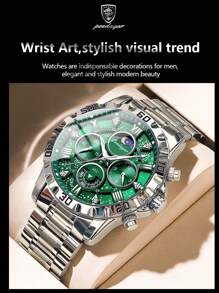 POEDAGAR 1pc Men's Sports Watch, Waterproof Chronograph, Luminous Stainless Steel Luxury Quartz Watch With Gift Box - Green - View 7