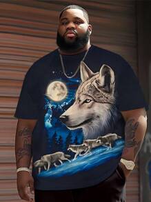 Plus Size Men's Wolf Pack Printed T-Shirt - Polyester Knit Fabric, Round Neck, Casual Fit, Novelty Graphic Design