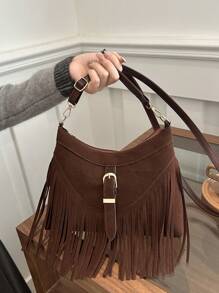 1个棕色光滑PU皮革拉链流苏装饰时尚百搭休闲斜挎包，适合女性日常使用 - 咖啡棕 - 查看 5