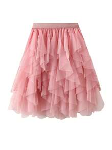 Women  Plus Size Tulle Tutu Skirt Solid Color Elastic Layered Mesh Fairy A-Line Skirt For Beach Party Streetwear - 粉色 - 查看 3
