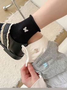 4pcs/Set Women's Nylon Spring/Summer Rolled Edge Cute Bow Embroidery Mid-Calf Socks, Soft Warm Breathable Moisture Wicking, Suitable For Home, Sports, Party, Holiday Gifts