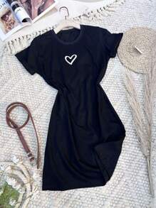 Vestido de algodão feminino   Vestidos Estilo Coração Camiseta Feminina Casual Básico Cores - Preto - Visão 2