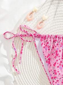 Novo biquíni estampado de cintura alta com cadarço elegante para festa, moda praia verão, roupa de banho feminina, rosa vermelha - Rosa Avermelhado - Ver 4